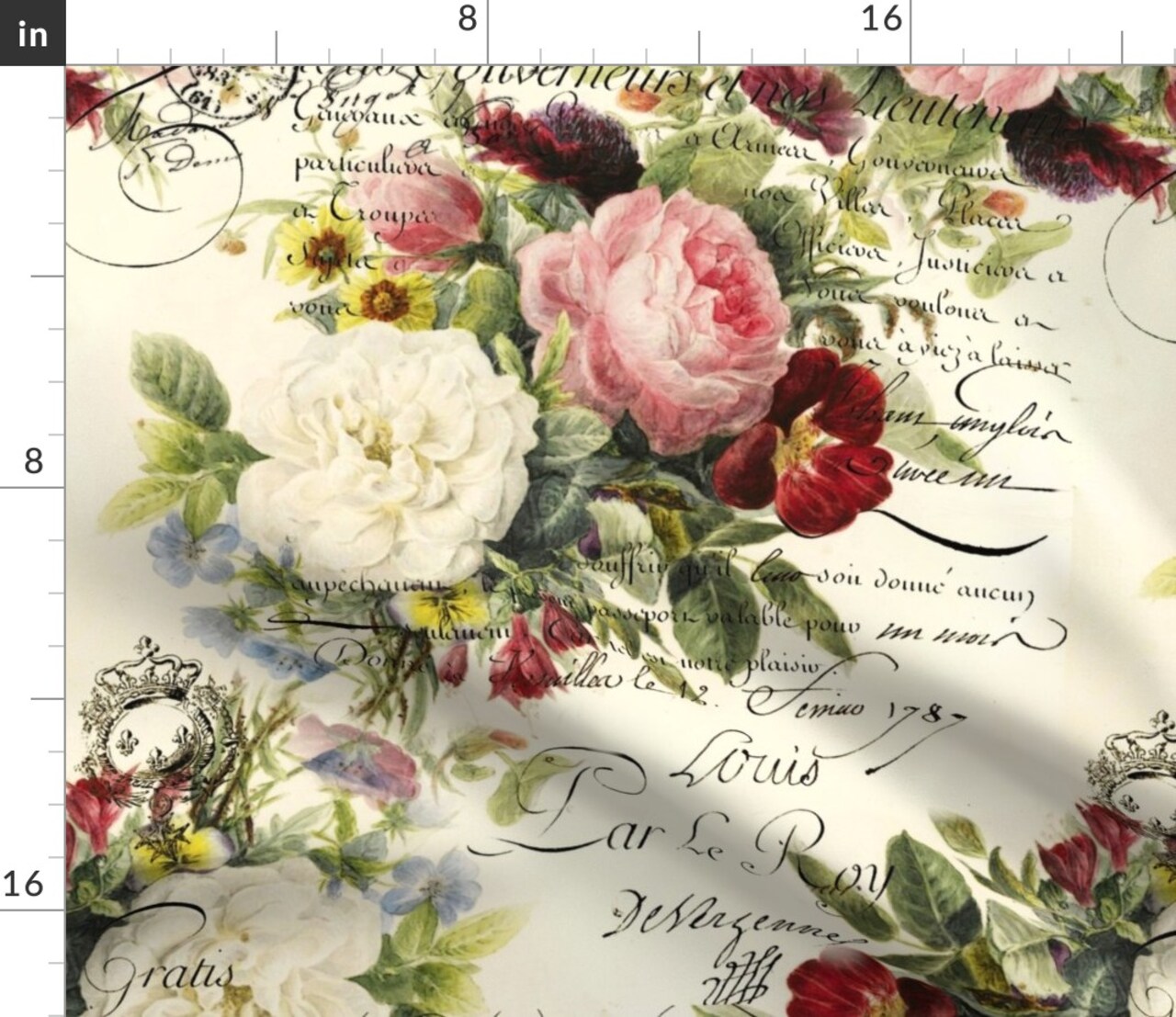 Vintage Roses Shabby Chic Victorian Romantic French Rose Garden Handwriting Typography Custom Printed Fabric by Spoonflower Various Fabrics by the Yard or Fat Quarter
